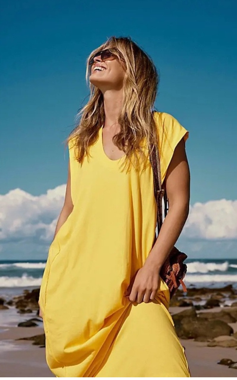 Free People Beach Carta Tee Cover-Up Dress Size Small Yellow New Midi Nwot